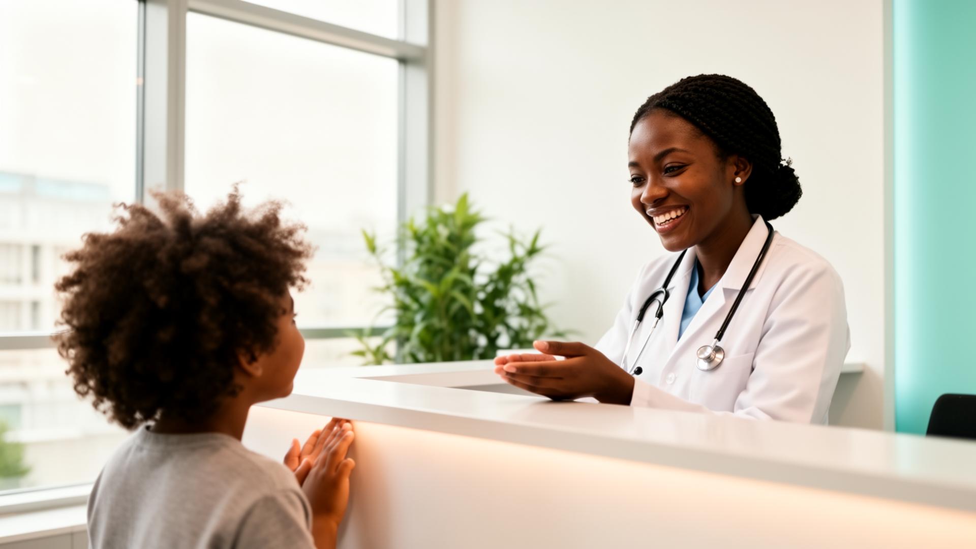 Doctor welcoming a young patient at a bright modern clinic reception